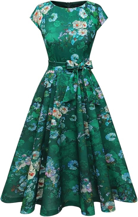 Rochie eleganta lunga pana la genunchi, mâneci scurte, verde floral XL [2]