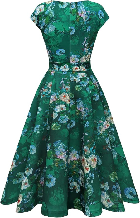 Rochie eleganta lunga pana la genunchi, mâneci scurte, verde floral XL [4]