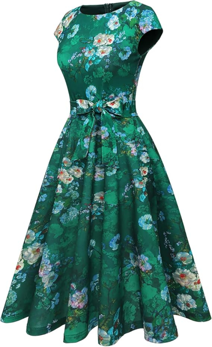 Rochie eleganta lunga pana la genunchi, mâneci scurte, verde floral XL [3]