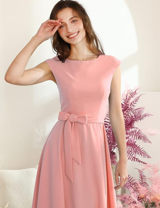 Rochie eleganta lunga peste genunchi, mâneci scurte, Roz M [2]