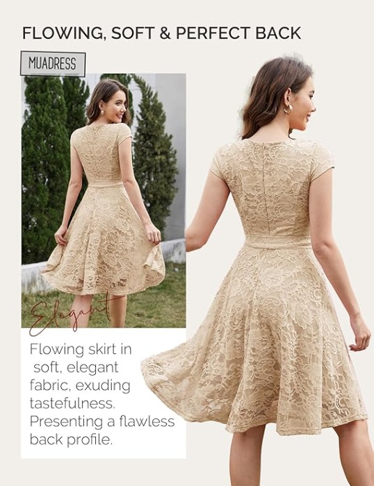 Rochie eleganta lunga pana la genunchi, mâneci scurte, Crem XL [4]