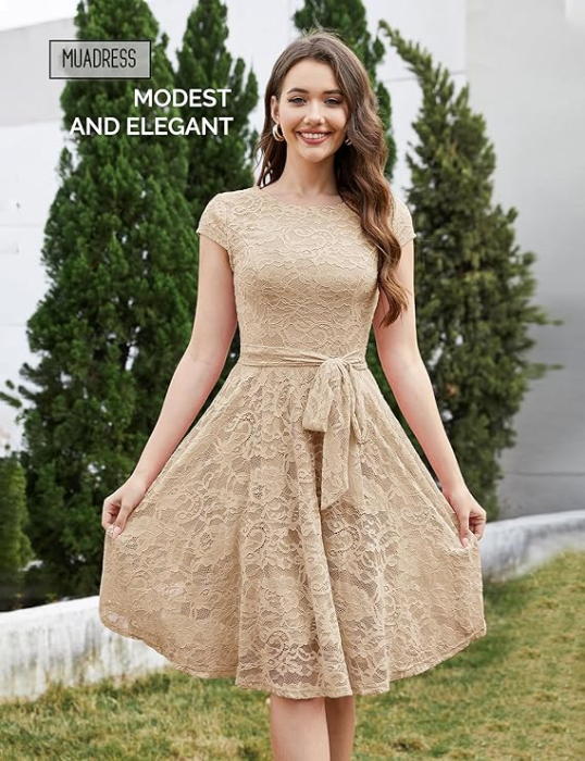 Rochie eleganta lunga pana la genunchi, mâneci scurte, Crem XL [2]