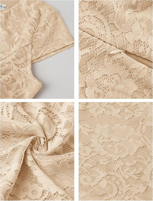 Rochie eleganta lunga pana la genunchi, mâneci scurte, Crem XL [5]