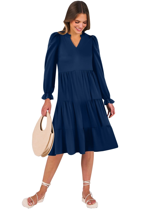 Rochie casual lunga peste genunchi, cu mâneci lungi, Albastra L [2]