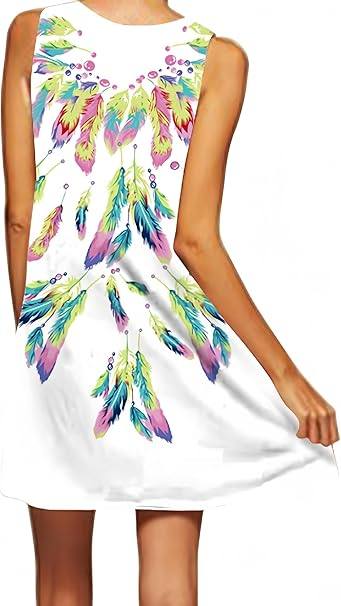 Rochie scurta vaporoasa de plaja, fara maneci, alba cu pene multicolore, 2XL 42-44 EU [2]