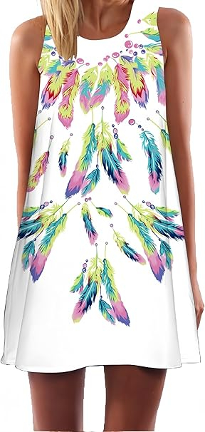 Rochie scurta vaporoasa de plaja, fara maneci, alba cu pene multicolore, 2XL 42-44 EU [1]