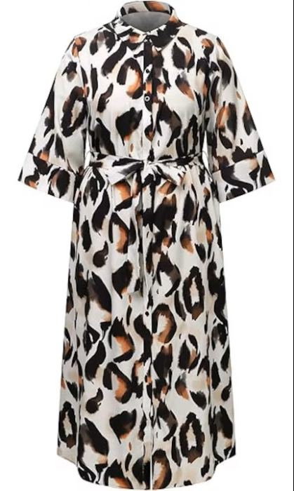 Rochie Tip Camasa pentru Femei Plus Size, cu Imprimeu Leopard, Cordon in Talie, Maneci 3/4, 2XL [5]
