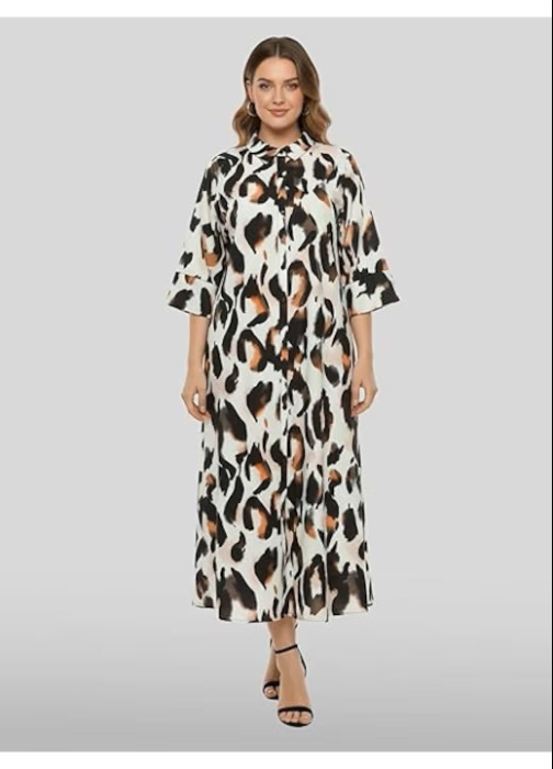 Rochie Tip Camasa pentru Femei Plus Size, cu Imprimeu Leopard, Cordon in Talie, Maneci 3/4, 4XL [7]