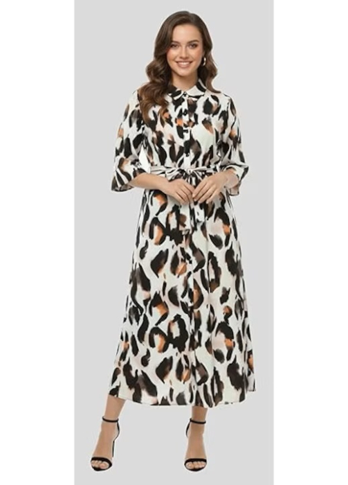 Rochie Tip Camasa pentru Femei Plus Size, cu Imprimeu Leopard, Cordon in Talie, Maneci 3/4, 4XL [3]
