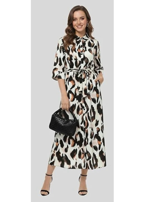 Rochie Tip Camasa pentru Femei Plus Size, cu Imprimeu Leopard, Cordon in Talie, Maneci 3/4, 4XL [2]