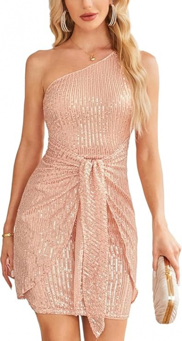 Rochie eleganta, deasupra la genunchi, fara mâneci, mulata, roz gold 2XL [1]