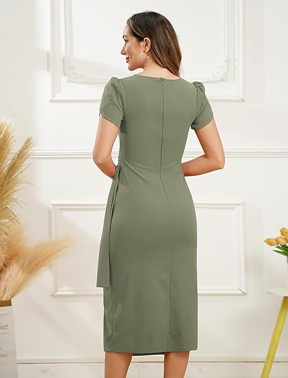 Rochie eleganta peste genunchi, mulata pe corp, mâneci scurte, verde M [6]