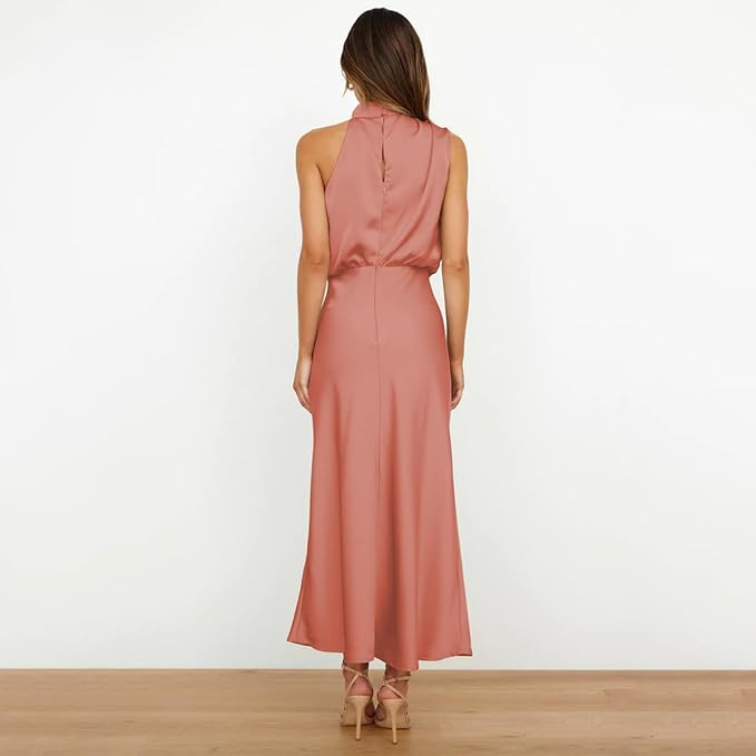 Rochie lunga eleganta din satin, fara maneci, crem piersica, marimea S [6]