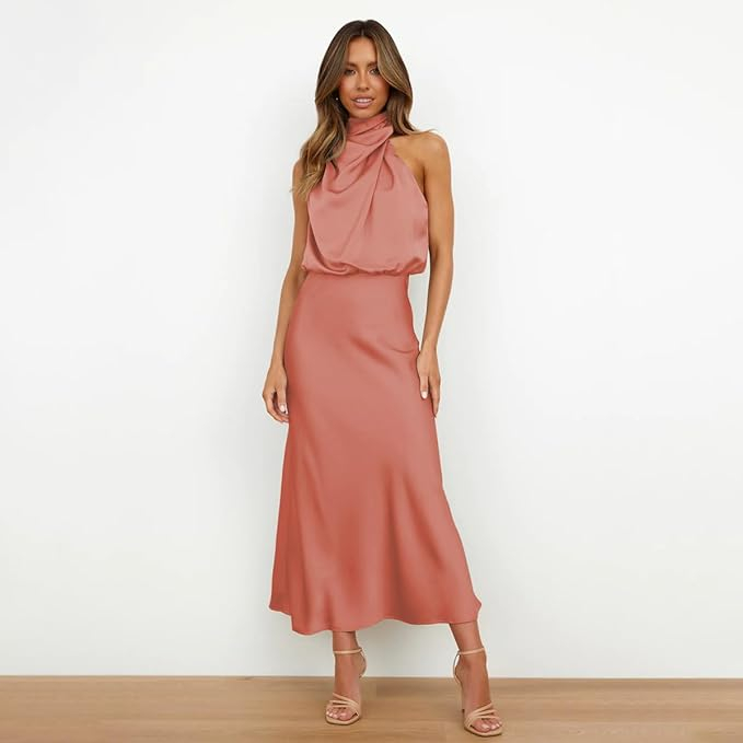 Rochie lunga eleganta din satin, fara maneci, crem piersica, marimea S [4]