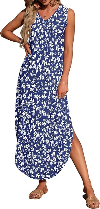 Rochie albastra lunga de vara, fara maneci, decolteu in V, M [4]