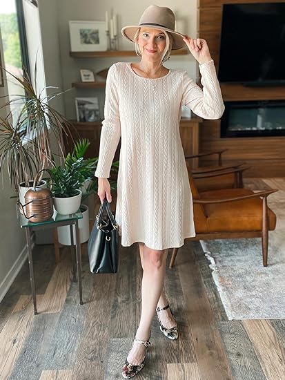 Rochie crem casual tricotata pentru femei, mâneci lungi, M [2]