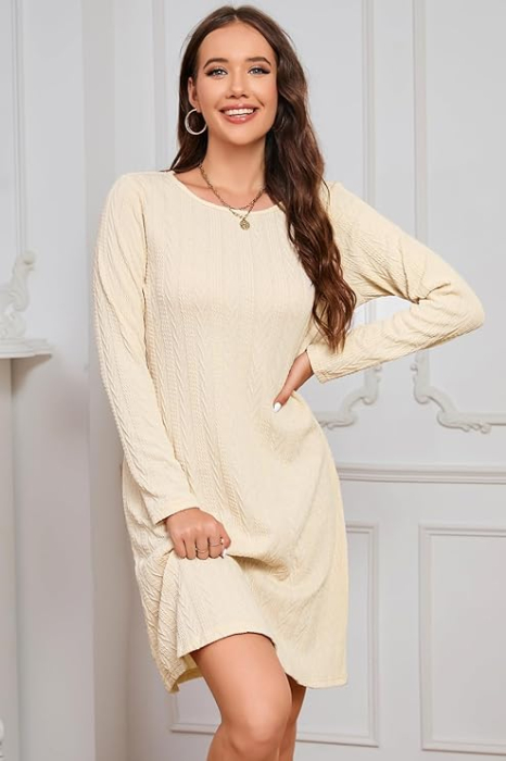 Rochie crem casual tricotata pentru femei, mâneci lungi, M [5]