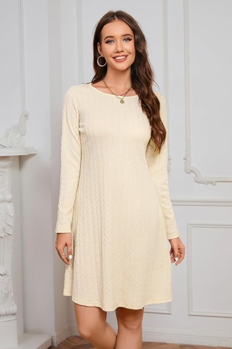 Rochie crem casual tricotata pentru femei, mâneci lungi, M [3]