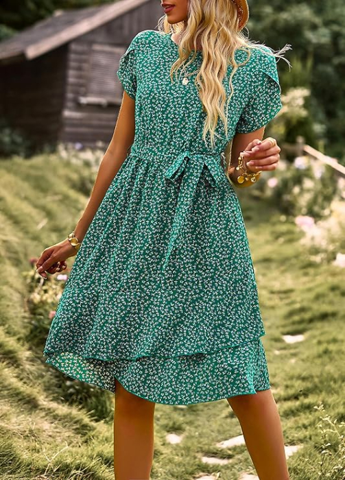 Rochie casual peste genunchi, vaporoasa, de zi cu zi, maneci scurte, decolteu rotund, verde M [2]