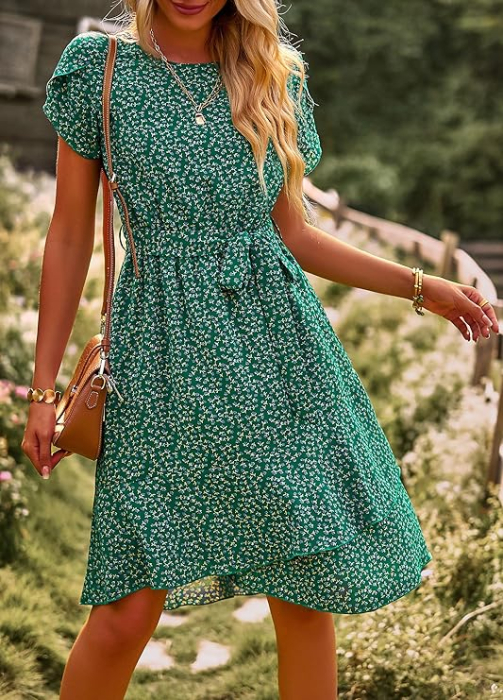 Rochie casual peste genunchi, vaporoasa, de zi cu zi, maneci scurte, decolteu rotund, verde L [4]