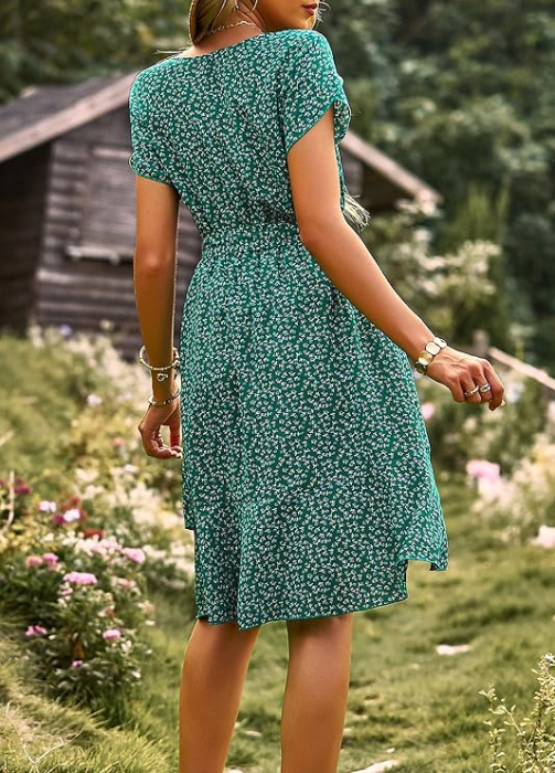 Rochie casual peste genunchi, vaporoasa, de zi cu zi, maneci scurte, decolteu rotund, verde L [5]