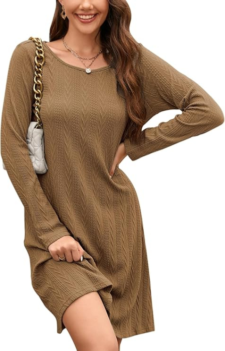 Rochie maro casual tricotata pentru femei, mâneci lungi, L [4]