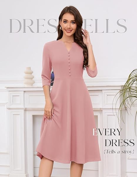 Rochie Roz eleganta de vara,lungime peste genunchi, decolteu in V, fermoar ascuns pe spate, L [6]