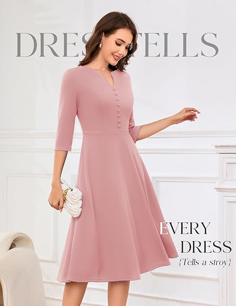 Rochie Roz eleganta de vara,lungime peste genunchi, decolteu in V, fermoar ascuns pe spate, L [5]