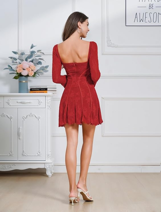 Rochie casual scurta pe corp, cu decolteu patrat, rosie M [4]