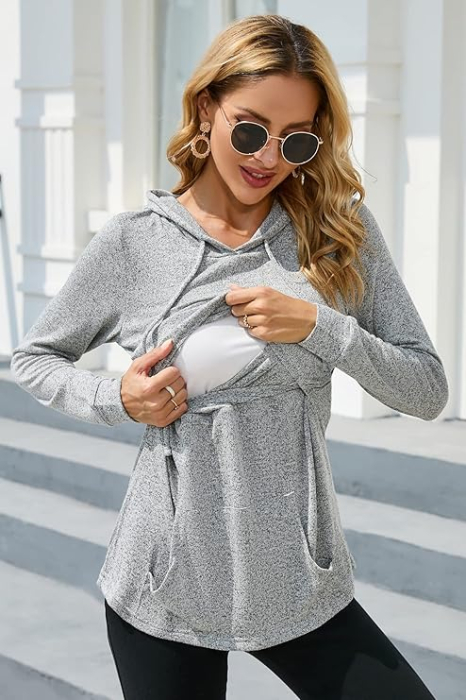 Bluza gri lejera pentru femei, cu buzunar si gluga, XL [3]