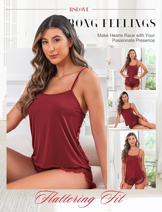 Set Pijama rosie Damă RSLOVE, Elegant și Senzual, Dantelă Transparentă, Material Moale și Elastic, Lenjerie de Noapte, 2XL [4]