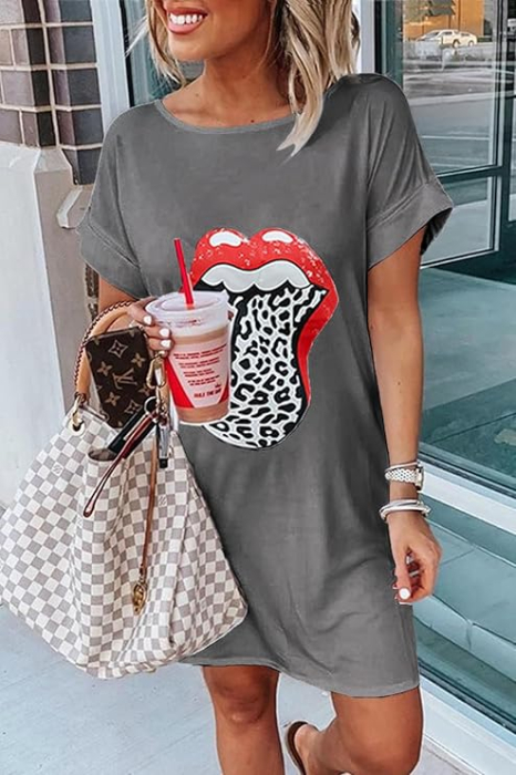 Rochie scurta casual, lejera pentru femei, fara maneci, gri cu model S [2]