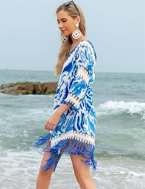 Rochie scurta de plaja, poncho dantelat cu model rustic, marime universala, albastra [4]