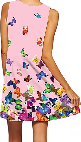 Rochie scurta vaporoasa de plaja, fara maneci, roz cu fluturi, XL 40-42 EU [2]