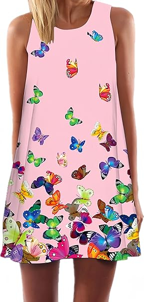 Rochie scurta vaporoasa de plaja, fara maneci, roz cu fluturi, XL 40-42 EU [1]