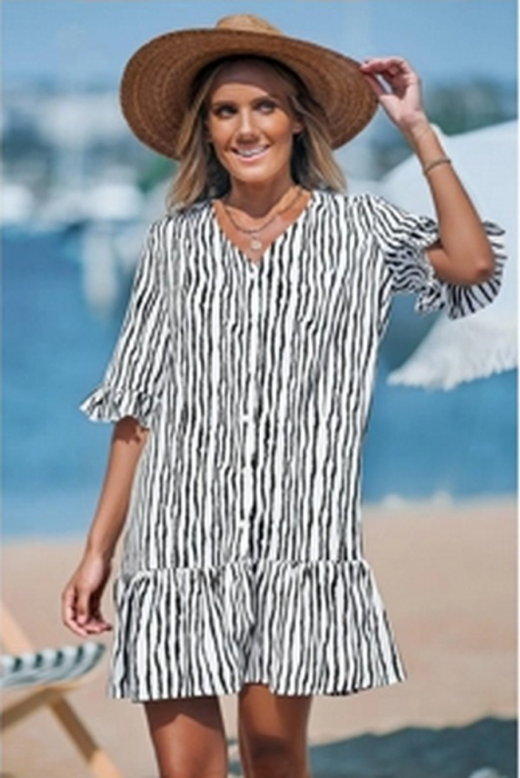 Rochie casual scurta, vaporoasa, de zi cu zi, maneri 3/4, decolteu V, M [3]