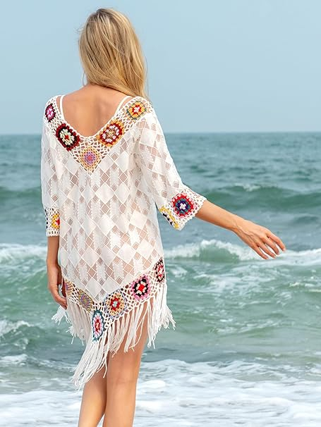Rochie scurta de plaja, poncho dantelat cu model rustic, marime universala [6]