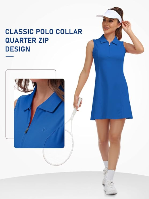 Rochie bleu Polo Damă Sport, Fără Mâneci, Guler cu Fermoar 1/4, Bumbac Blend, M [4]