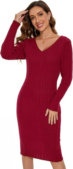 Rochie tricotata elastica, mulata, scurta, cu maneci lungi, visinie, S [6]