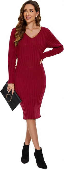 Rochie tricotata elastica, mulata, scurta, cu maneci lungi, visinie, S [5]
