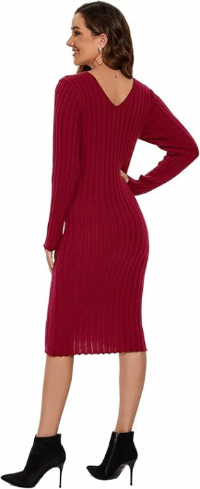 Rochie tricotata elastica, mulata, scurta, cu maneci lungi, visinie, S [2]