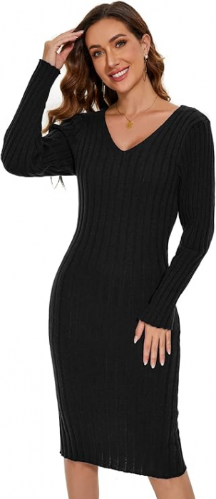 Rochie tricotata elastica, mulata, scurta, cu maneci lungi, neagra, XL [6]
