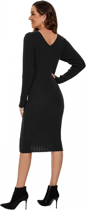 Rochie tricotata elastica, mulata, scurta, cu maneci lungi, neagra, XL [2]