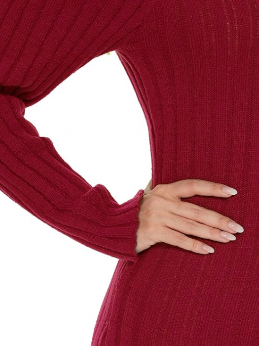 Rochie tricotata elastica, mulata, scurta, cu maneci lungi, visinie, L [4]
