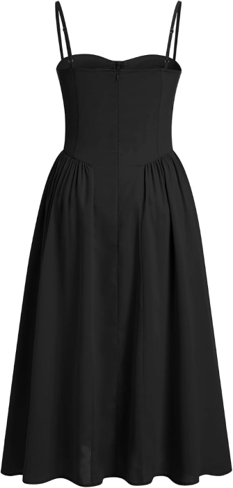 Rochie neagra Midi cu Bretele, Decolteu Pătrat, Talie Înaltă, Buzunare, Fermoar la Spate, Stil Vintage, M [2]