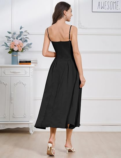 Rochie neagra Midi cu Bretele, Decolteu Pătrat, Talie Înaltă, Buzunare, Fermoar la Spate, Stil Vintage, M [6]