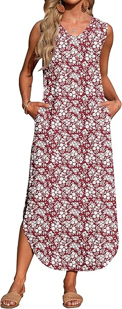 Rochie rosie lunga de vara, fara maneci, decolteu in V, L [2]