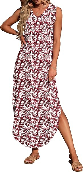 Rochie rosie lunga de vara, fara maneci, decolteu in V, L [4]