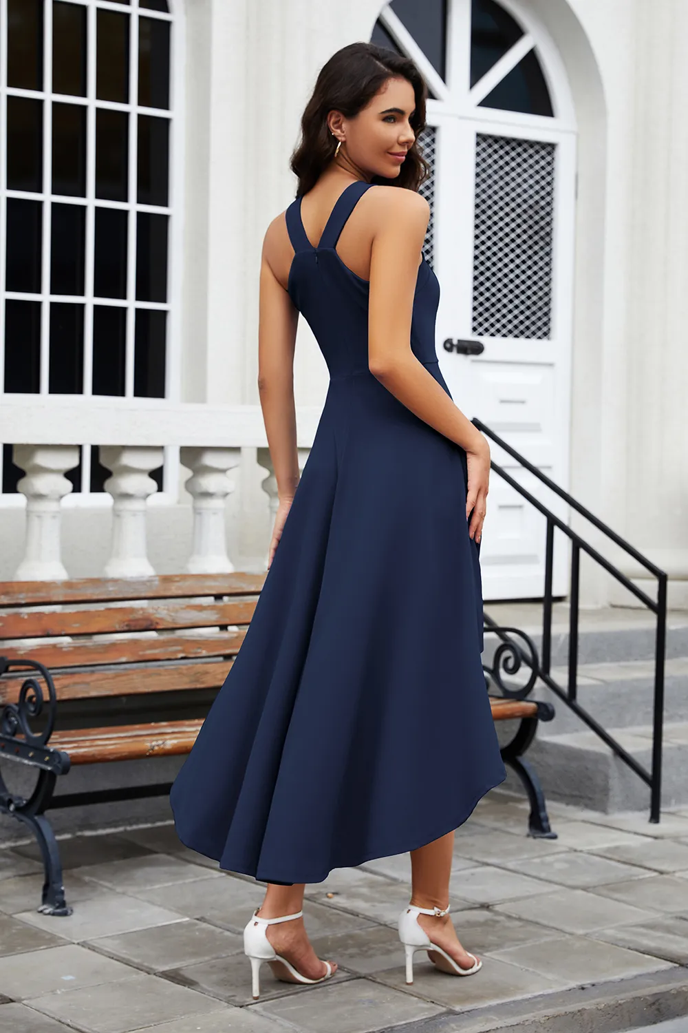 Rochie Albastra eleganta de vara,lungime peste genunchi, decolteu in V, fermoar ascuns pe spate, XL [2]