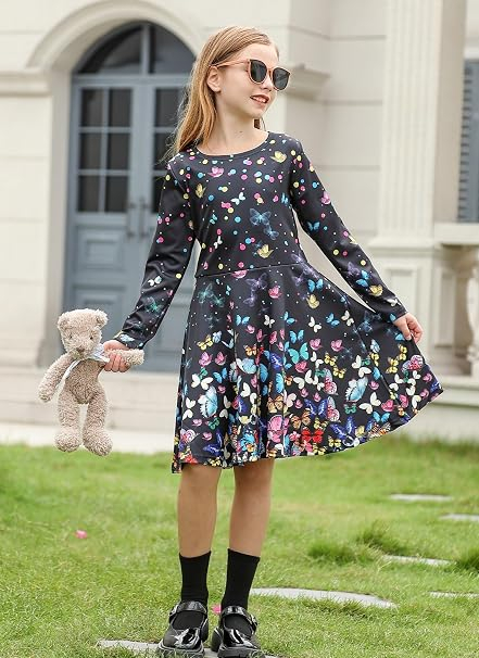 Rochita neagra casual medie, maneci lungi, model cu fluturi pentru fete 8-9 ani [2]